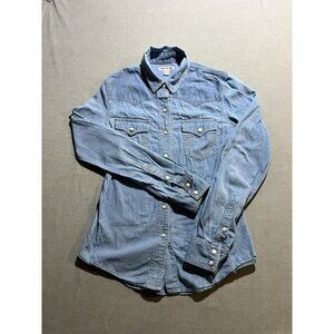 True Religion Blue Denim Western Pearl Snap Button Down Shirt Womens XS Pocketed